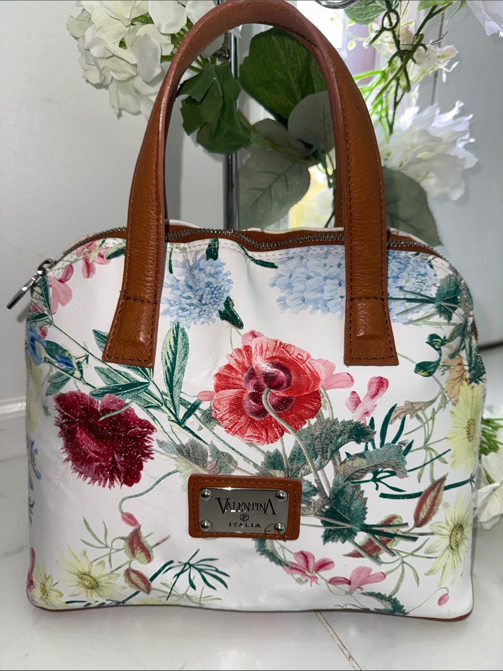 Valentina  ITALIA White Floral Satchel with Brown Trim